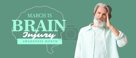 Photo for Banner for Brain Injury Awareness Month with senior man suffering from headache - Royalty Free Image