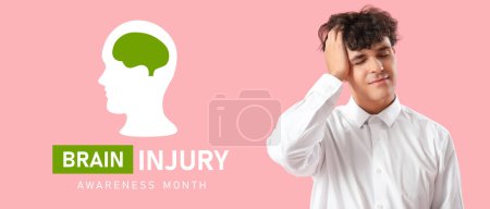 Photo for Banner for Brain Injury Awareness Month with young man suffering from headache - Royalty Free Image