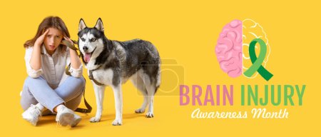 Photo for Banner for Brain Injury Awareness Month with young woman suffering from headache and dog - Royalty Free Image