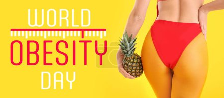 Banner for World Obesity Day with slim young woman holding pineapple