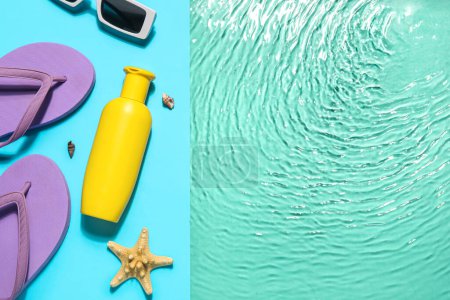 Flasche mit Sonnencreme, Sonnenbrille und Flip-Flops am Schwimmbadrand