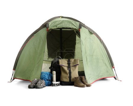 Photo for Camping tent with hiking equipment on white background - Royalty Free Image