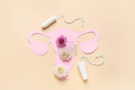 Téléchargez les photos : Utérus en papier avec tampons et fleurs sur fond beige - en image libre de droit