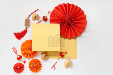 Photo for Blank card with Chinese symbols and fortune cookies on white background. New Year celebration - Royalty Free Image