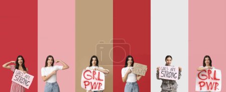 Collage junger Feministinnen auf farbigem Hintergrund. Konzept der Girl Power