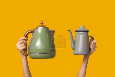 Woman with teapots on yellow background