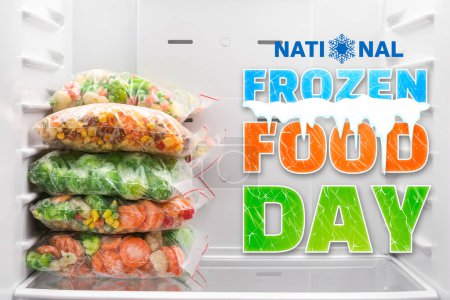 Banner for National Frozen Food Day with frozen vegetables in fridge