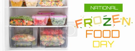 Banner for National Frozen Food Day with frozen vegetables in fridge