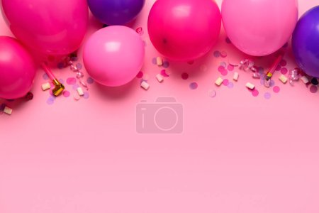 Luftballons, Konfetti und Krachmacher auf rosa Hintergrund