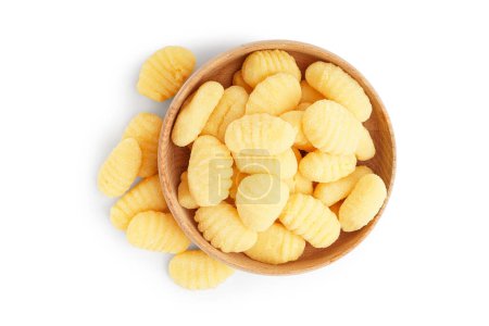 Wooden bowl with tasty gnocchi on white background
