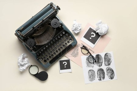 Komposition mit Retro-Schreibmaschine, Strafakten und zerknüllten Papierkugeln auf hellem Hintergrund