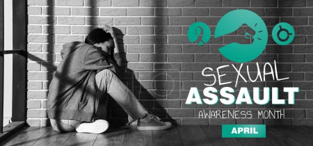 Scared young woman sitting near brick wall. Banner for Sexual Assault Awareness Month