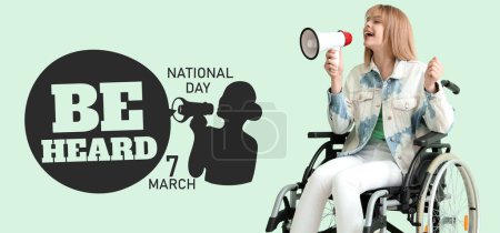 Banner para el Día Nacional de Ser Oído con mujer gritando en silla de ruedas y con megáfono