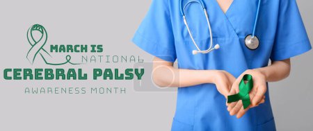 Banner für den National Cerebral Parsy Awareness Month mit einem Arzt mit grünem Band