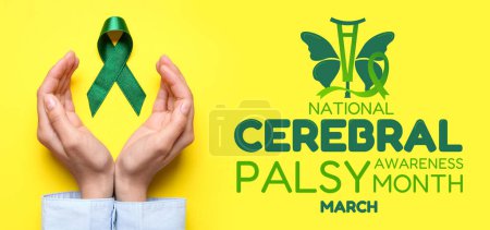 Banner for National Cerebral Palsy Awareness Month with hands and green ribbon