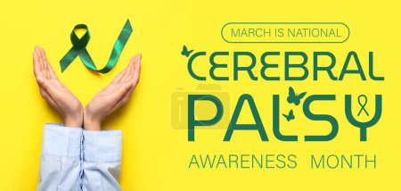 Photo for Banner for National Cerebral Palsy Awareness Month with hands and green ribbon - Royalty Free Image