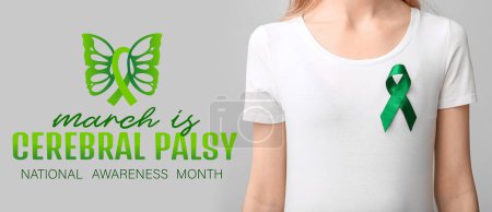 Banner for National Cerebral Palsy Awareness Month with woman wearing green ribbon on her t-shirt  