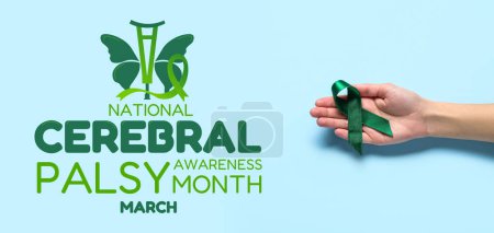 Banner for National Cerebral Palsy Awareness Month with hand holding green ribbon