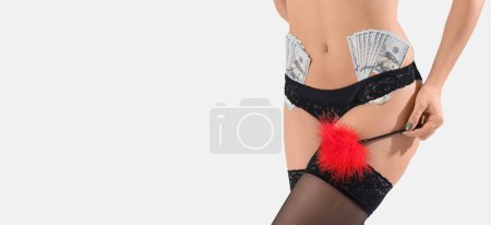 Photo for Young prostitute with money in lingerie on light background with space for text, closeup - Royalty Free Image