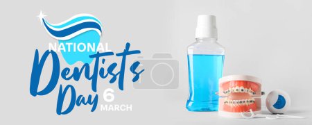 Photo for Banner for National Dentist's Day with mouthwash, jaw and dental floss - Royalty Free Image