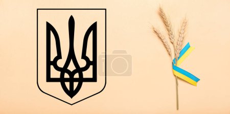 Weizenstacheln und Bänder in den Farben der ukrainischen Flagge mit Wappen auf beigem Hintergrund