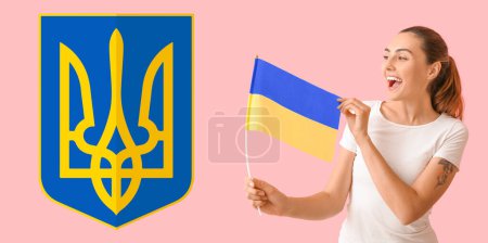 Young woman with Ukrainian flag and coat of arms on pink background