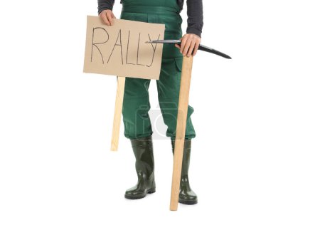 Protesting miner man with placard and pick axe on white background