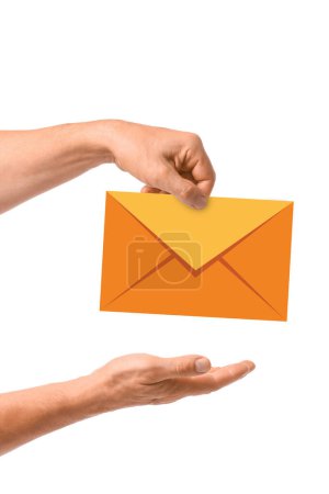 Male hands with drawn envelope on white background 