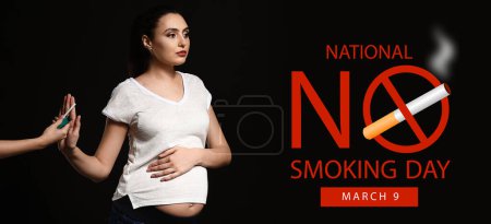 Photo for Pregnant woman rejecting cigarette on dark background. Banner for No Smoking Day - Royalty Free Image