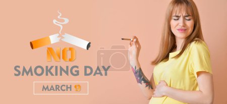 Photo for Disgusted pregnant woman with cigarette on beige background. Banner for No Smoking Day - Royalty Free Image
