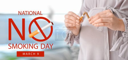 Photo for Young pregnant woman with broken cigarette, closeup. Banner for No Smoking Day - Royalty Free Image