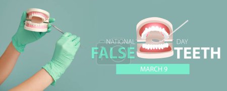 Banner para el Día Nacional de los Dientes Falsos con las manos del dentista con herramienta dental y modelo de mandíbula