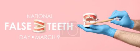 Banner para el Día Nacional de los Dientes Falsos con las manos del dentista con cepillo de dientes y modelo de mandíbula