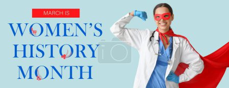 Banner mit Ärztin im Superheldenkostüm und Text FRAUEN 'S GISTORY MONTH auf blauem Hintergrund
