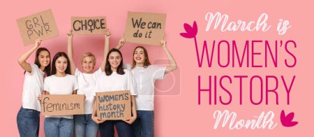 Banner mit schönen Frauen und Text FRAUEN 'S GISTORY MONTH auf rosa Hintergrund