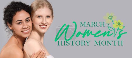 Banner mit schönen Frauen und Text FRAUEN 'S GISTORY MONTH auf grauem Hintergrund