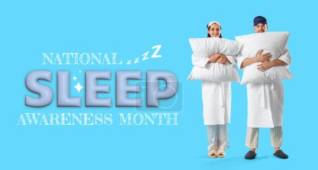 Téléchargez les photos : Bannière pour la Semaine nationale de sensibilisation au sommeil avec un jeune couple avec des oreillers souples - en image libre de droit