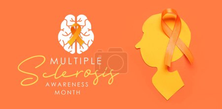 Awareness banner for Multiple Sclerosis Awareness Month with paper human head and orange ribbon