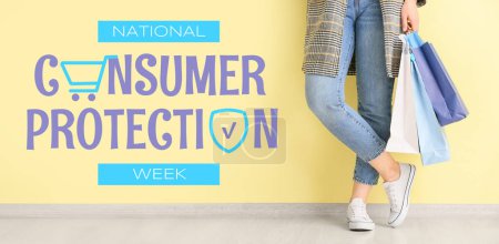 Banner for National Consumer Protection Week with woman holding shopping bags