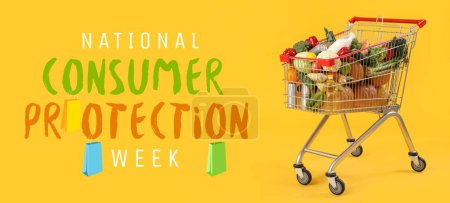 Banner zur Nationalen Verbraucherschutzwoche mit Einkaufswagen voller Lebensmittel