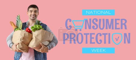 Foto de Banner para la Semana Nacional de Protección al Consumidor con el hombre sosteniendo bolsas de comestibles - Imagen libre de derechos