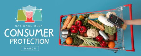 Banner zur Nationalen Verbraucherschutzwoche mit Einkaufswagen voller Lebensmittel und weiblicher Hand mit Zahlungsterminal
