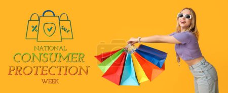 Banner for National Consumer Protection Week with young women with shopping bags