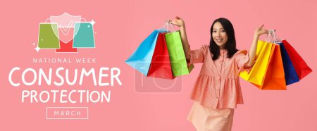 Banner zur Nationalen Verbraucherschutzwoche mit asiatischen Frauen mit Einkaufstüten