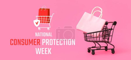 Banner for National Consumer Protection Week with small shopping cart and paper bag