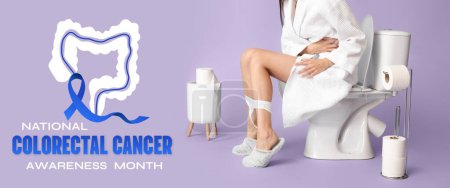 Bannière de sensibilisation pour le Mois national de sensibilisation au cancer colorectal avec une femme souffrante sur un bol de toilette