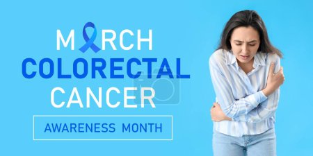 Awareness banner for National Colorectal Cancer Awareness Month with suffering young woman