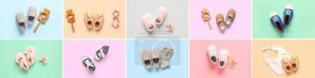 Collage de diferentes zapatos de bebé con estilo con accesorios en el fondo de color, vista superior