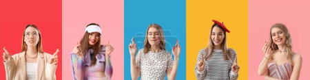 Téléchargez les photos : Collage de jeunes femmes aux doigts croisés sur fond de couleur - en image libre de droit