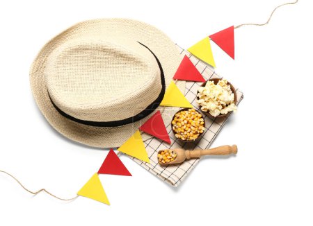 Bowls with corn, scoop, flags, hat and napkin on white background. Festa Junina (June Festival) celebration